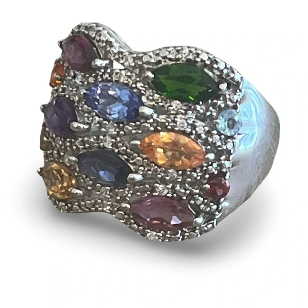 Multi-Color Marquis Cut Gemstone Sterling Silver STS Cocktail Ring Size 8